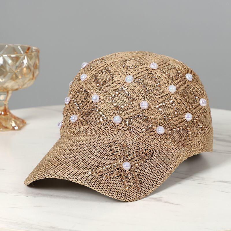 Dame vår sommer baseballcaps mote perle rhinestone rutete caps netting pustende solhatt