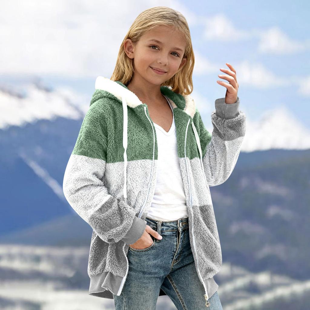 Children's Fashion Color Medium Large Children's Zipper Long Sleeve Hoodie Color Blocked Plush Warm Coat