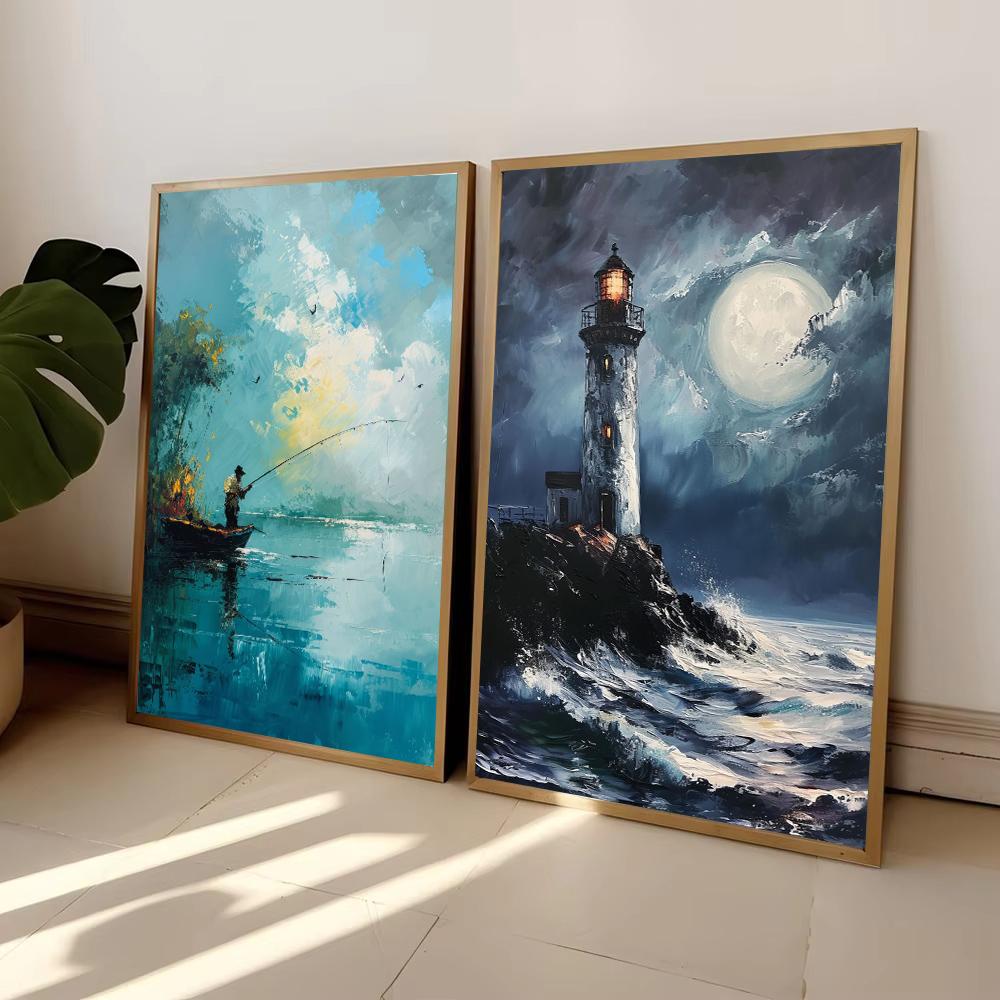 Wave Lighthouse Girl Surfing Canvas Painting Palm Tree Print Wall Art Picture Living Room Decor Sea Beach Poster Ocean Ship Boat
