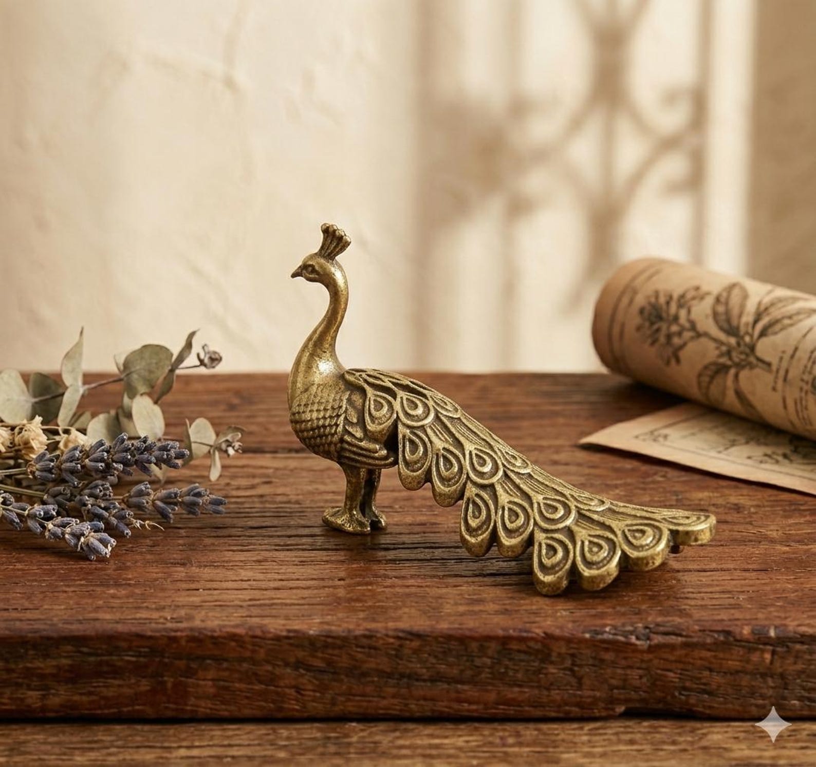 Vintage Brass Peacock Figurine Antique Gold Bird Statue Elegant Tabletop Decor Handmade Metal Home Office Desktop Ornament Gift Collection
