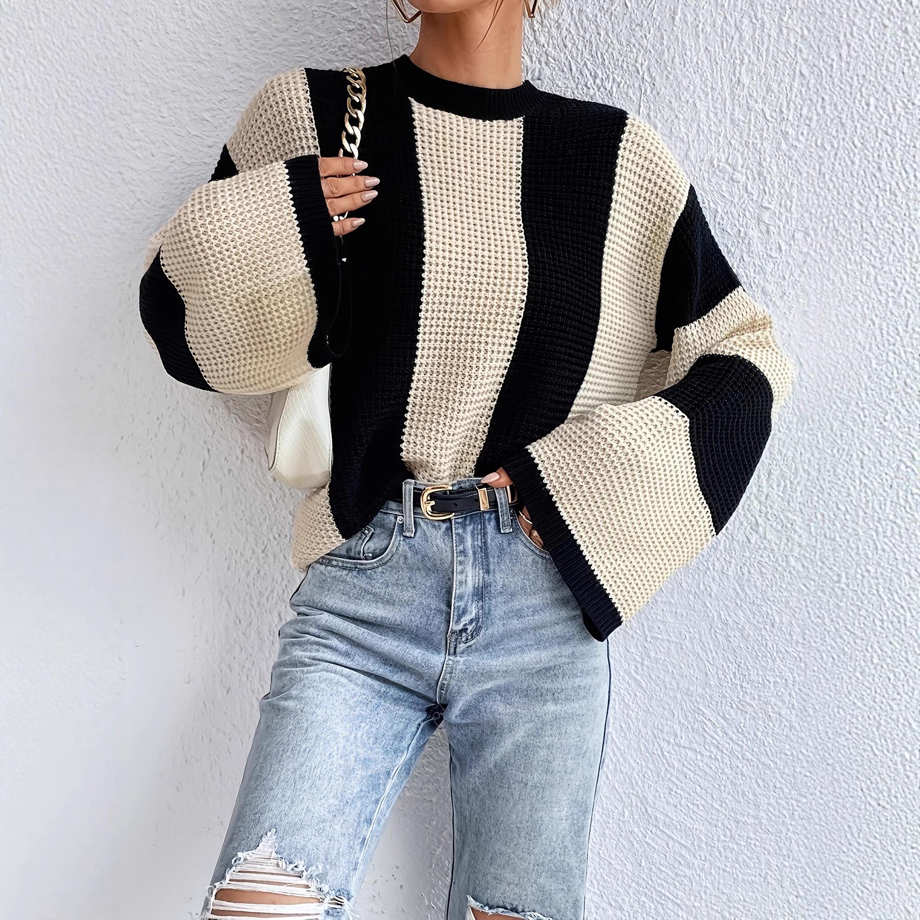 

Women s 2025 Striped Round Neck Fashionable Knit Sweater Top Extra Large чорний