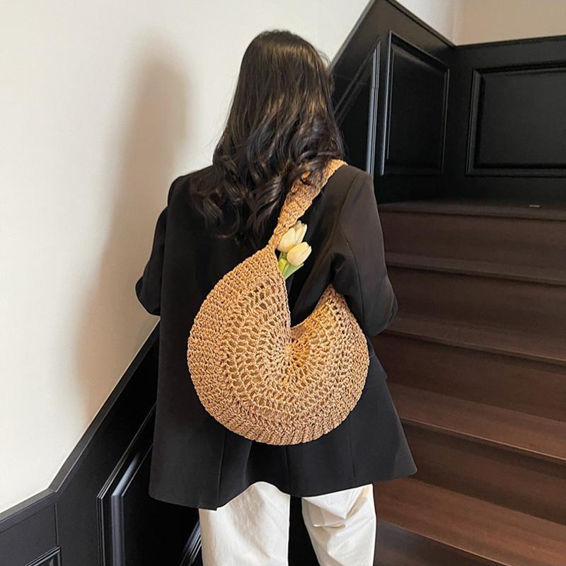 Yogodlns Borsa a Spalla Intrecciata in Paglia Oversize da Donna Casual Grande Capacità Mezzaluna Borsa a Mano Vacanza Estiva Leggera Borsa da Spiaggia Intrecciata a Mano