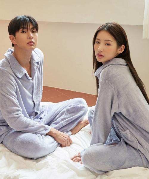 [Dossy] [2PACK] Fluffy Solid Winter Long Sleeve Collar Couple Pajamas Set [Shipped from Korea] 100% Authentic