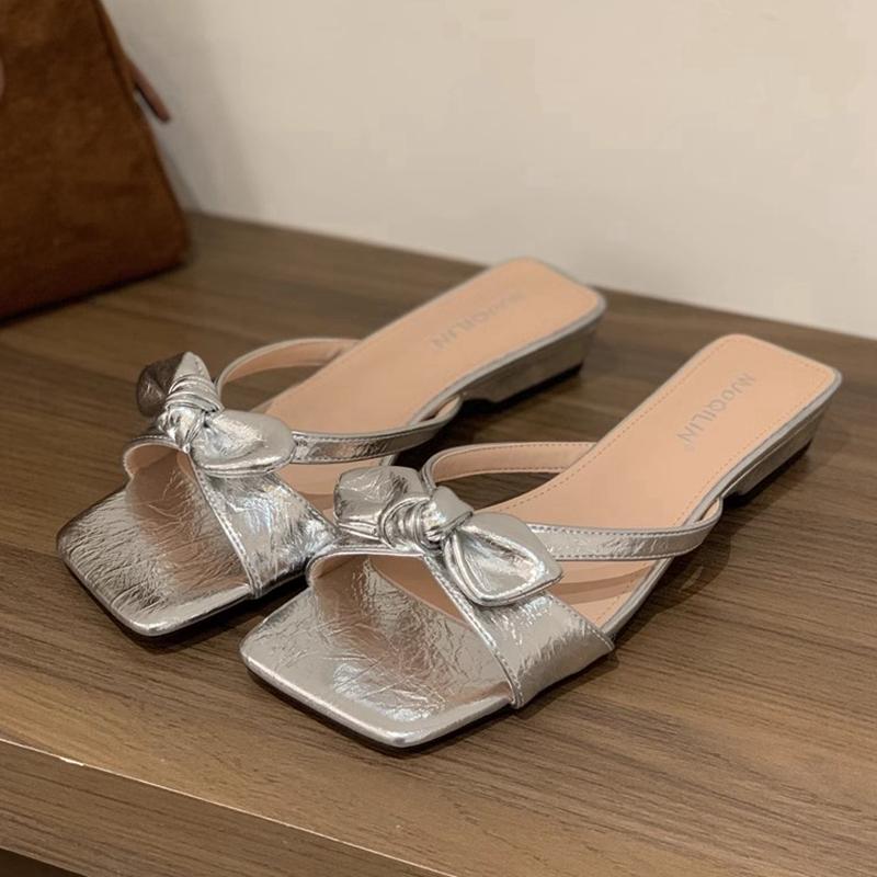 Fashion SUOJIALUN 2025 Summer New Women Slipper Fashion Bow-knot Slip On Slides Shoes Square Low Heel Outdoor Dress Sandal Shoes
