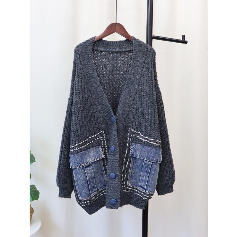 Autumn and winter new loose V-neck knitted cardigan women's design soft waxy lazy wind sweater jacket