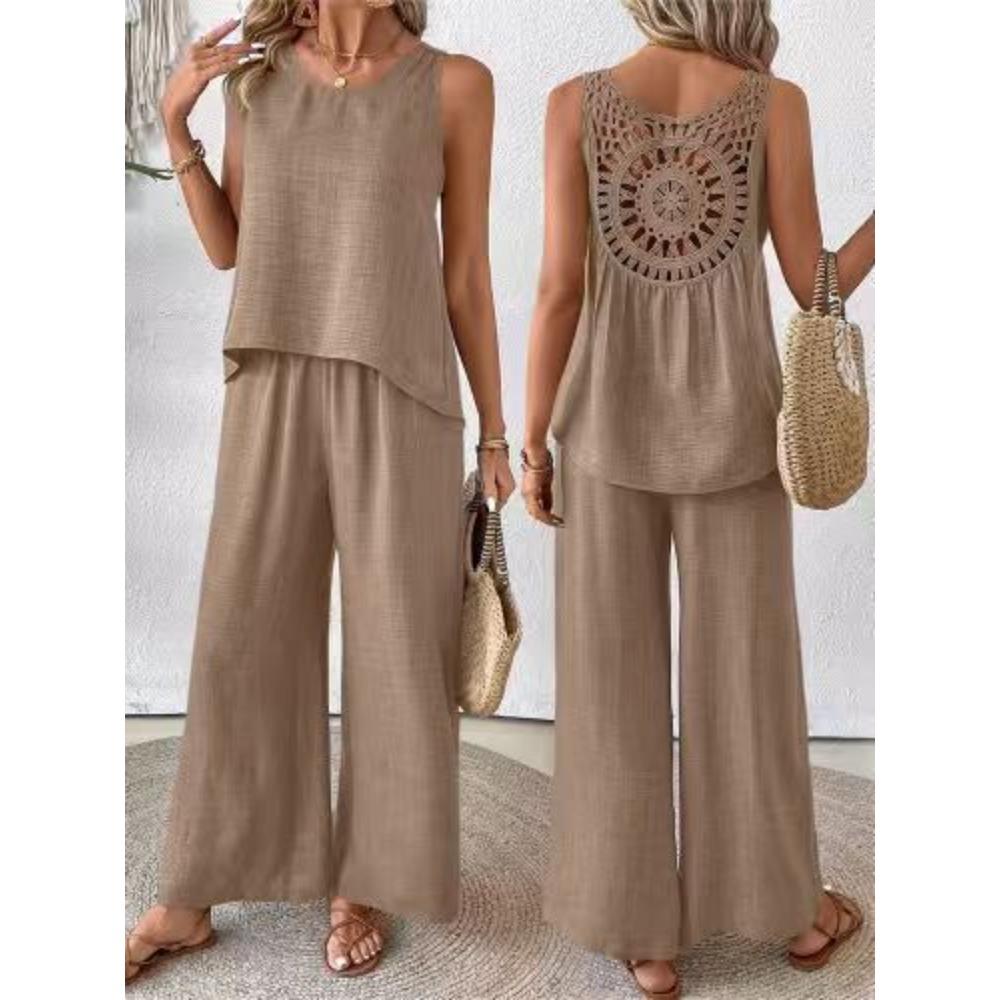 Set da donna casual alla moda, tinta unita, schiena con intaglio floreale, elegante, due pezzi