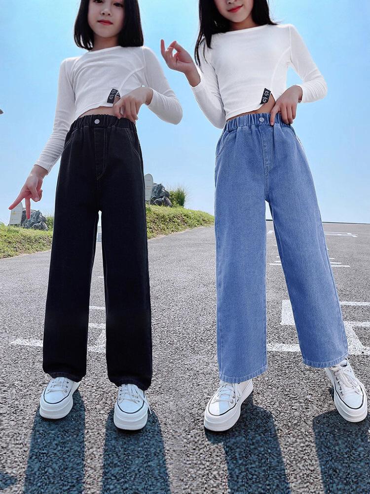 2025 Korean Style Girls' Autumn Wide Leg Jeans - Casual Loose Fit