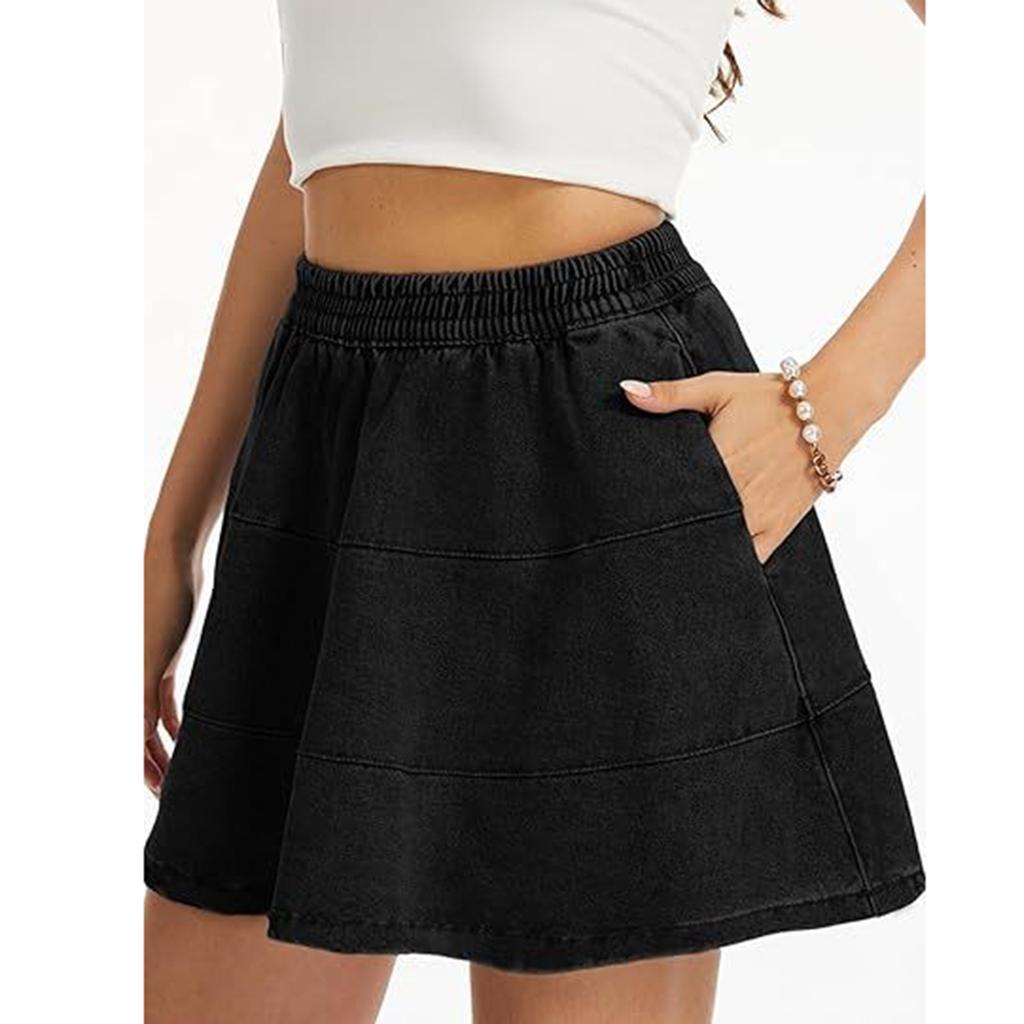 Damen Jeansrock Lässig Elastischer Bund Lagen-Minirock mit Taschen Sommer Dehnbar A-Linie Kurzer Rock für den täglichen Gebrauch