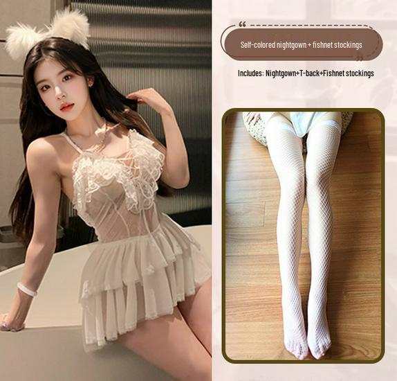 Meinaier Temptation Lace Camisole Nightdress: Sexy, See-Through, Cutout Design with Tie-Up Closure