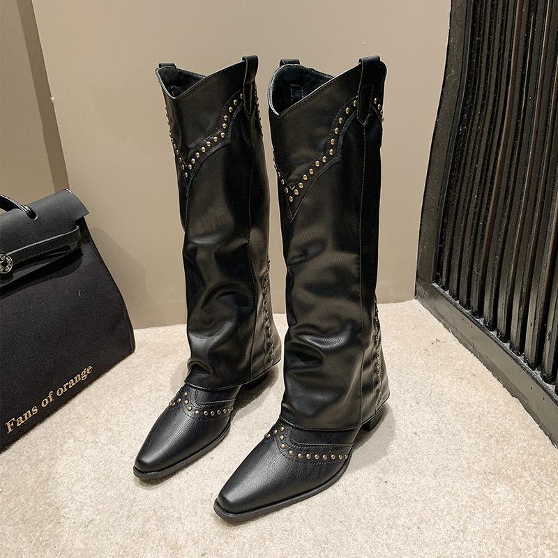 Damen Retro Cowboy Stiefel mit spitzer Zehenpartie - Herbst/Winter 2025 Klobiger Absatz, Kniehoher Reiterstil