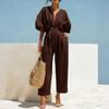 Women’s V Neck Short Sleeve Jumpsuit with Adjustable Waist Tie Loose Fit Wide Leg Romper Casual Wear