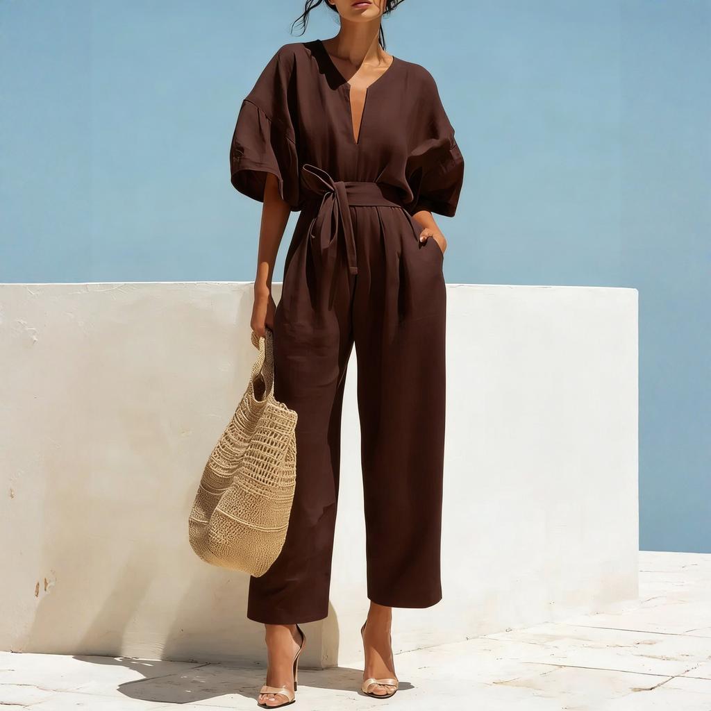 Women’s V Neck Short Sleeve Jumpsuit with Adjustable Waist Tie Loose Fit Wide Leg Romper Casual Wear