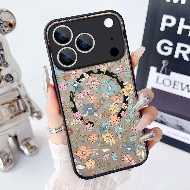Magnetic Colorful Flower Phone Case For iPhone 17 15 16 Pro Max 14 13 Pro 17 For Magsafe Wireless Charge Soft Edge Hard PC Cover