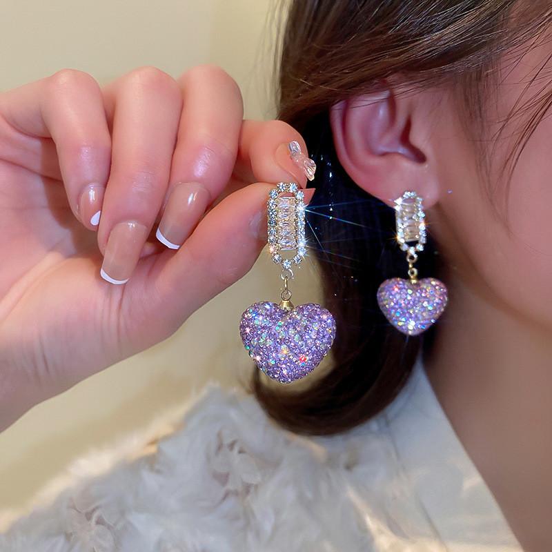 Sweet Purple Love Heart Crystal Dangle Earrings Women Shine Rhinestone Earrings Weddings Party Zircon Accessories