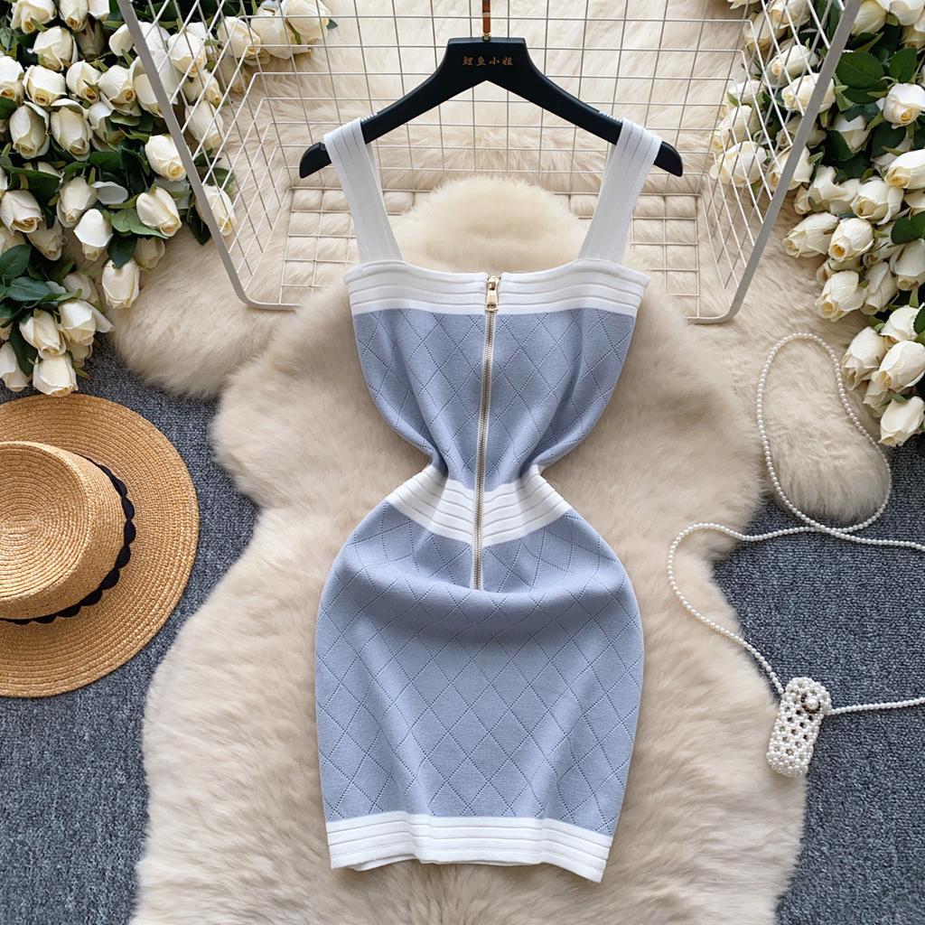 Senior Knitted Mini Dress Women Sleeveless Temperament Color Block Zipper Design Skinny Elastic Summer Basics Dresses