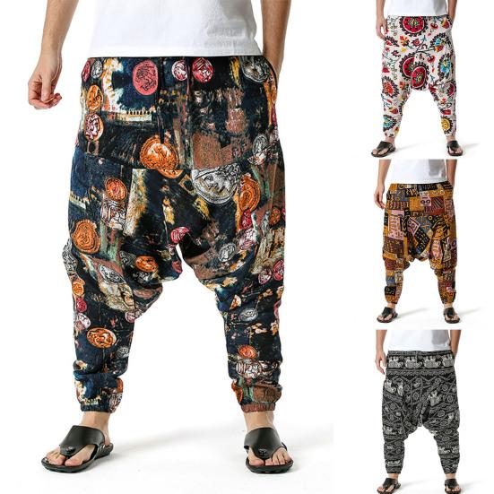 Herren Hose Bedruckt Tiefer Schritt Sommer Multi-Taschen Lockere Hose für Strand