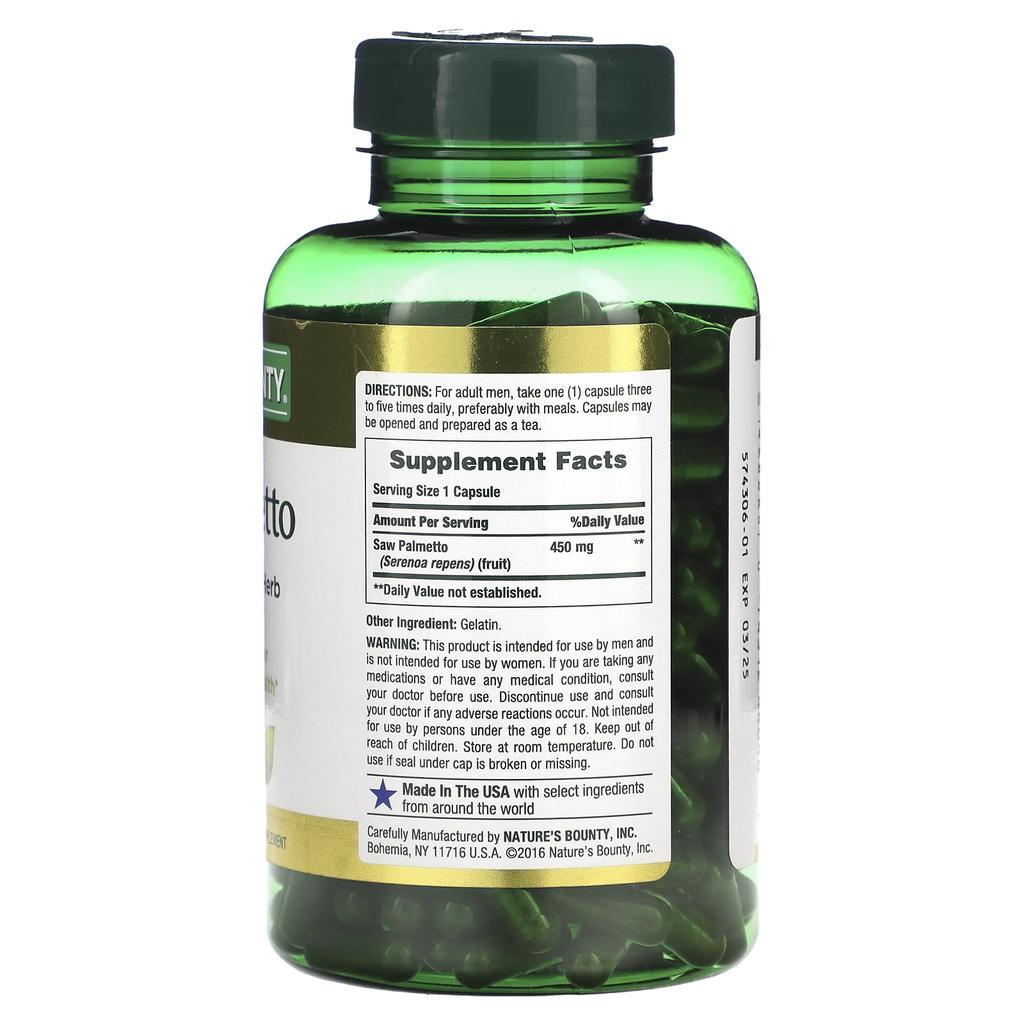 Nature's Bounty, Sägepalme, 450 mg, 250 Kapseln