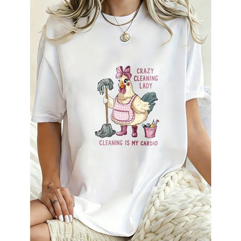 Oversized T-Shirt Black Chicken Cleaning Lady Graphic With Text Crazy Cleaning Lady Cleaning Is My Cardio Casual Wear For Women