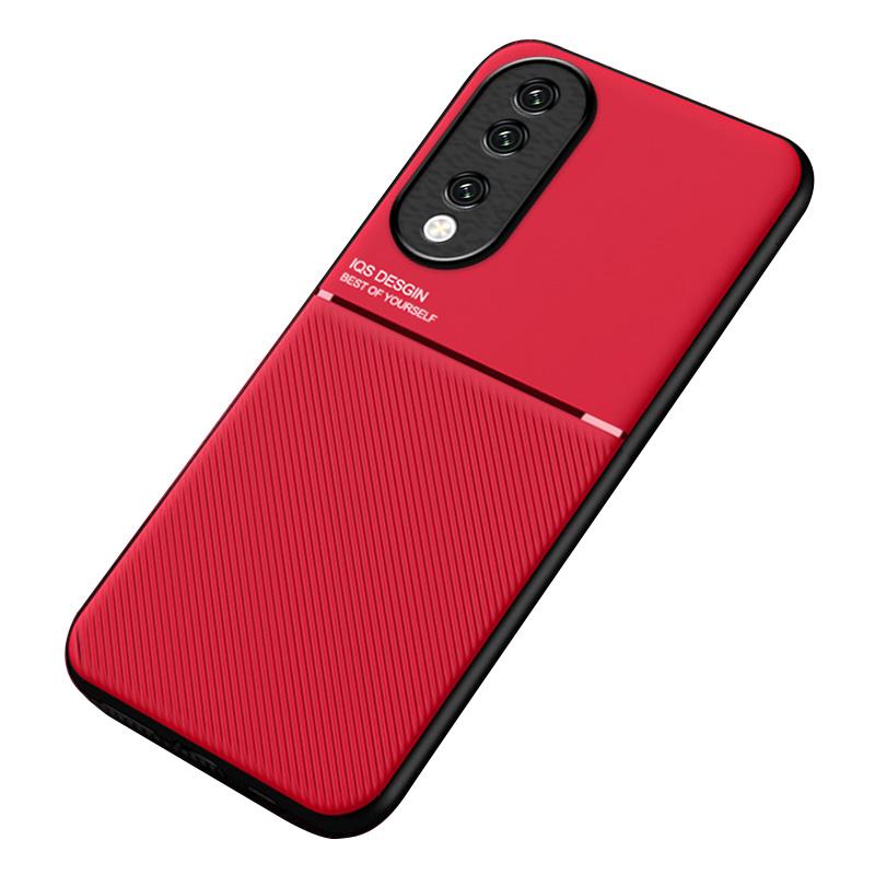

PU Leather+TPU Phone Cover for Honor 90,Lines Imprinted Magnetic Car Holder Cell Phone Case Red