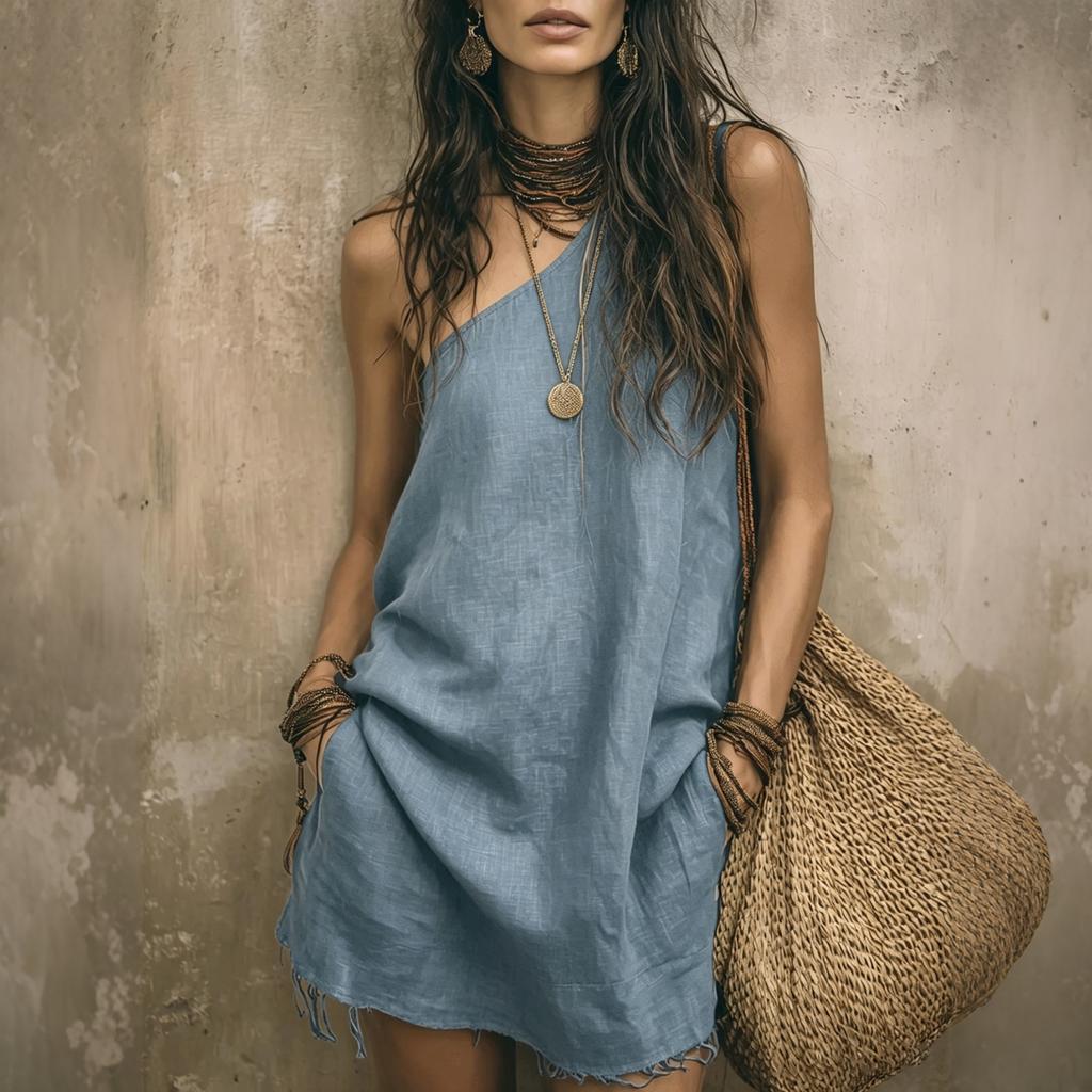 Women’s Casual Sleeveless Loose Fit Pocket Short Dress Cotton Linen Asymmetric Neckline Summer Tunic Style