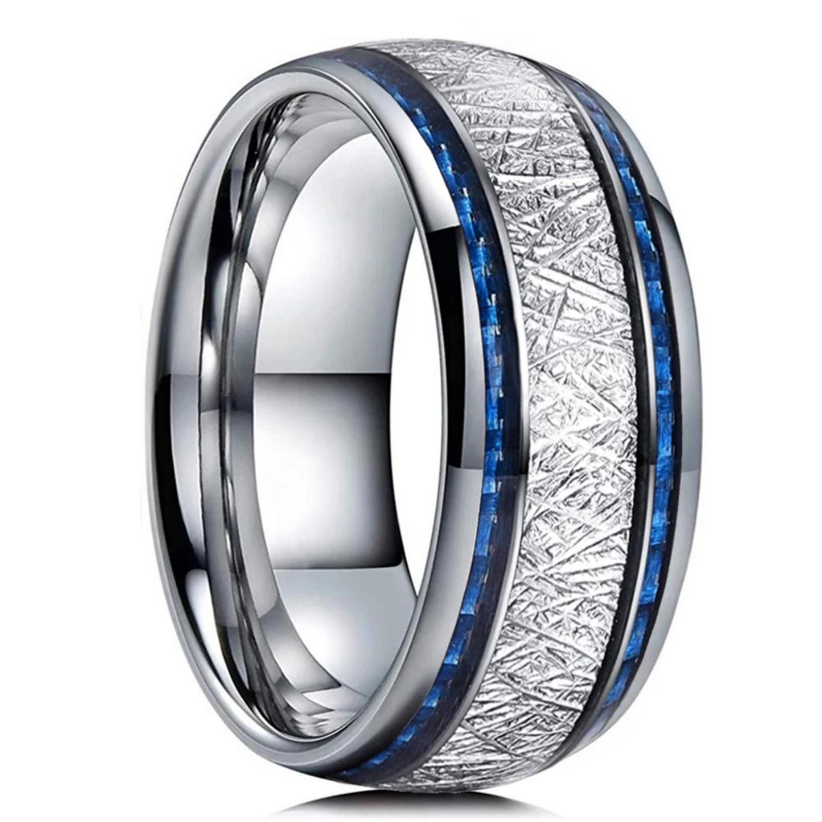 

Fashion 8MM Men Stainless Steel Ring Vintage Meteorite And Blue Carbon Fiber Inlay Rings For Men Wedding Band Jewelry Wholesale 7
