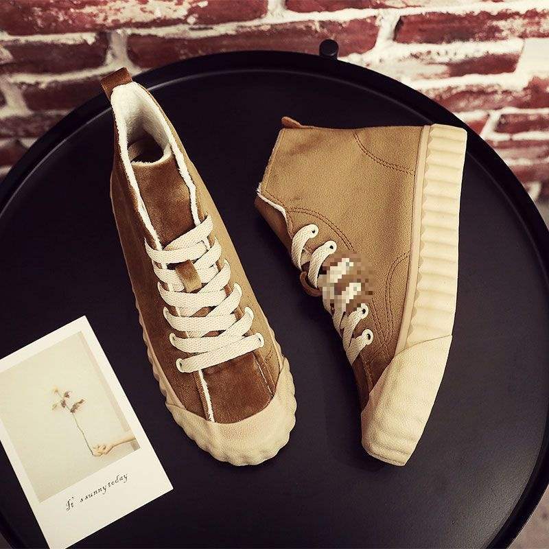 Fleece thickened high-top canvas shoes for women's winter students, Korean version of versatile flat bottom 2025 new thermal cotton shoes for women