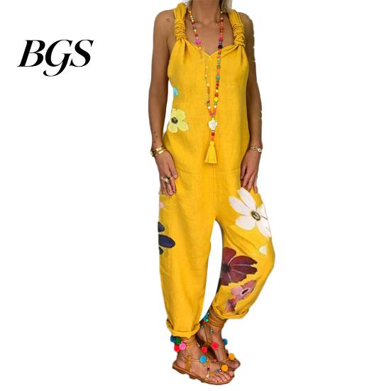 Kvinders Ærmeløs Hagesmækdragt Rygløs Blomstret Print Løstsiddende Jumpsuit Dungarees