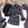 Girls Fashion Suit Autumn and Winter Children's Casual Coat Turtleneck Top Plaid Skirt Hat Suit