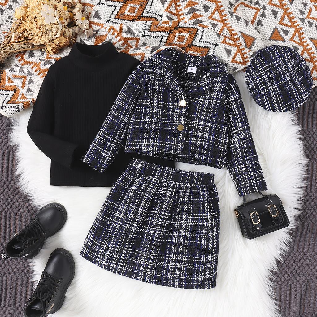 Girls Fashion Suit Autumn and Winter Children's Casual Coat Turtleneck Top Plaid Skirt Hat Suit