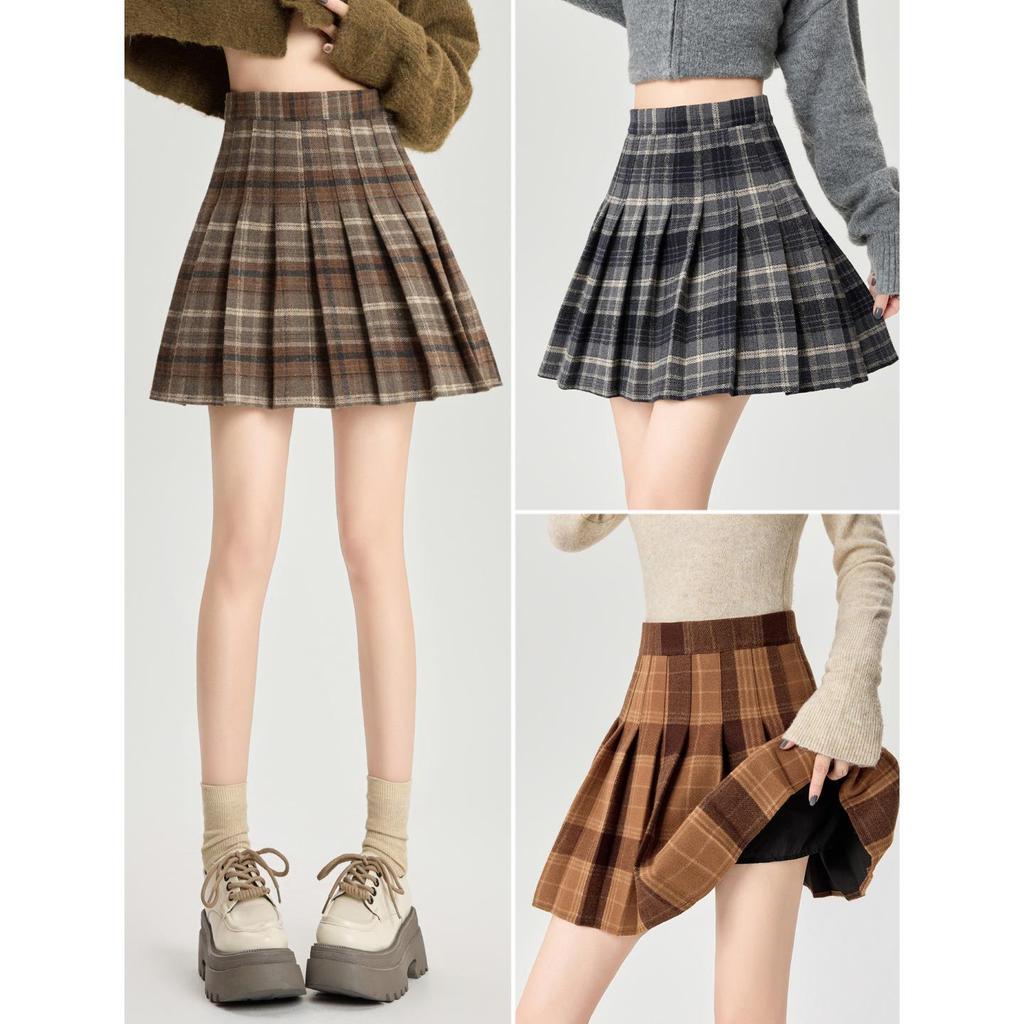 Plaid Wool Pleated Skirt for Curvy Women - High Waist A-line Short Skirt for Spring/Autumn