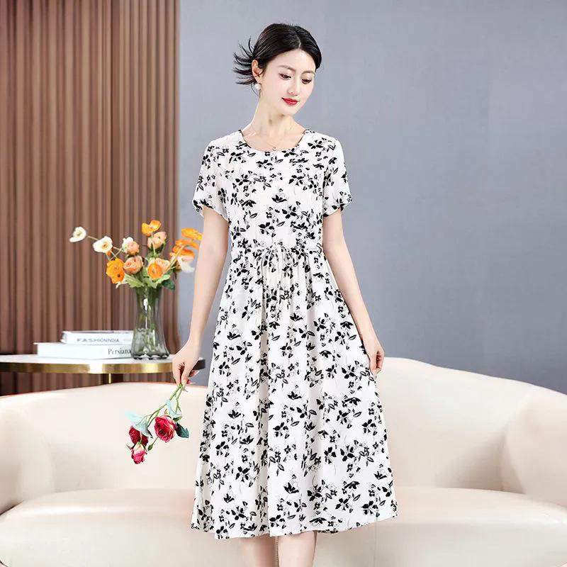 Elegant Floral A-Line Midi Dress for Women - Waist-Cinching, Slimming, Short-Sleeved, with Pockets, New Summer Arrival