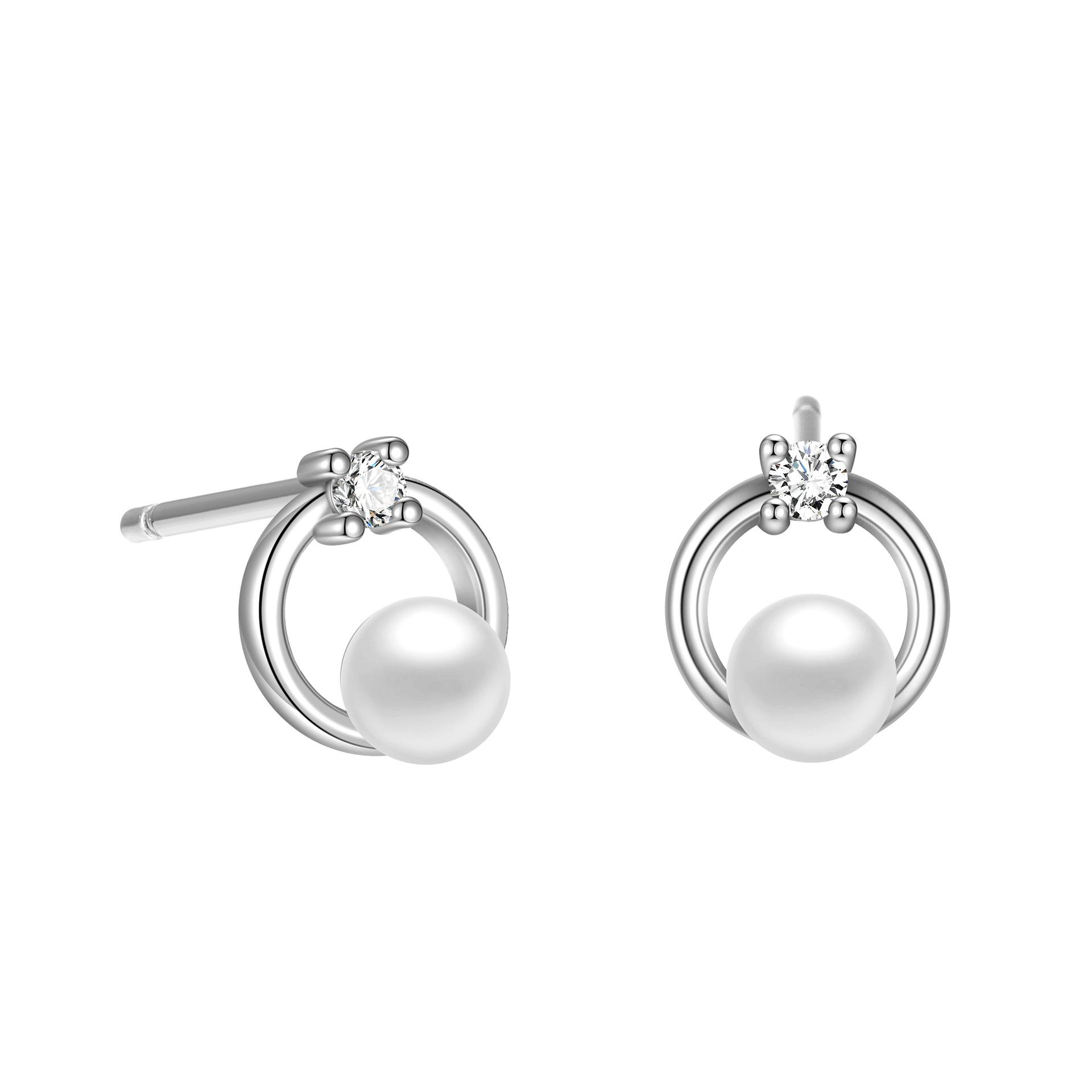 

925 Sterling Silver Pearl & CZ Circle Stud Earrings - Minimalist Hypoallergenic Jewelry for Women Daily/Party Accessory серебряный