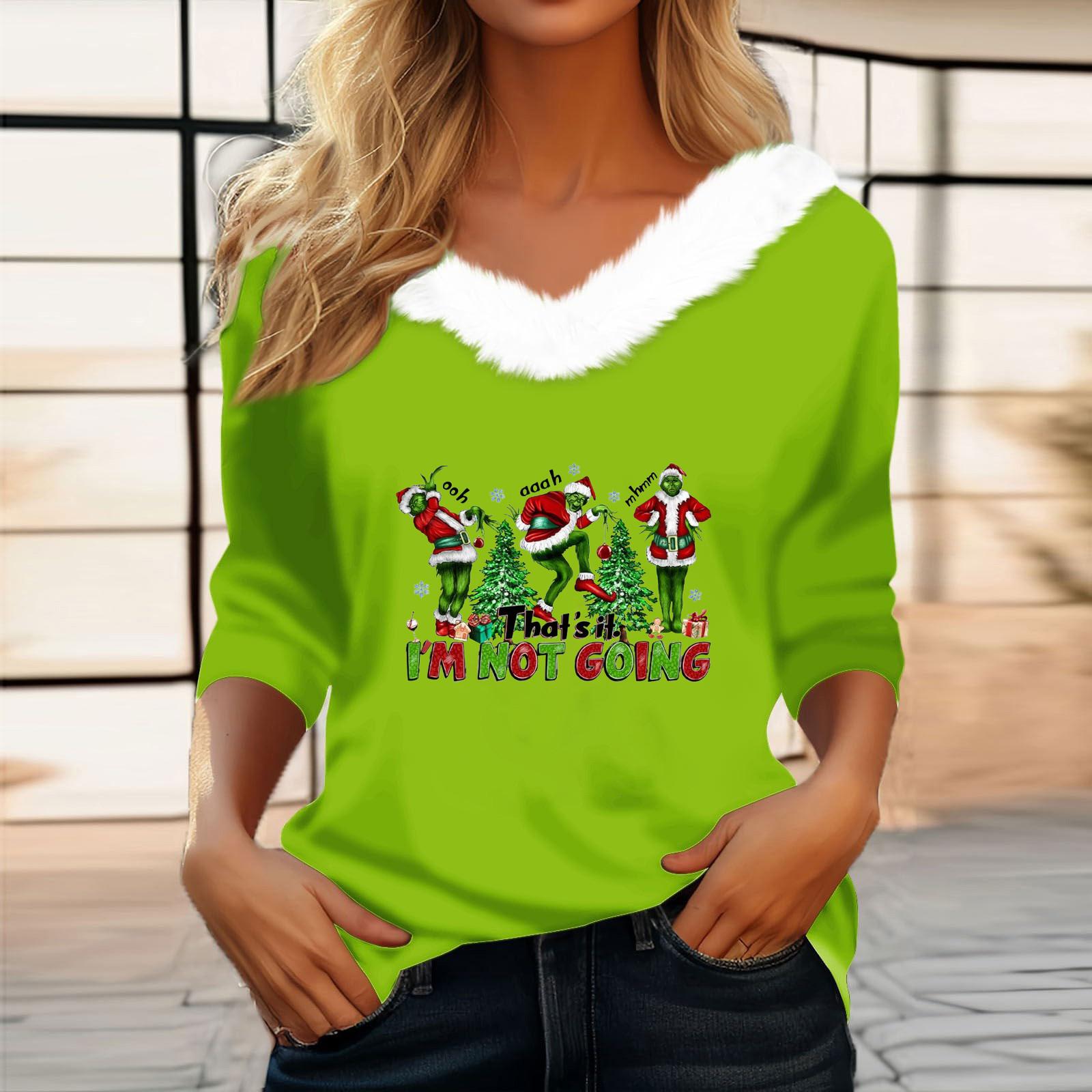 Women s Fashion Long Sleeve Christmas Printed Party Plush Neck V-Neck Top L