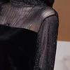 Women Shirt Shiny Stripe See-through Lace Patchwork Long Sleeve Stand Collar Solid Color Soft Pullover Commute Lady Blouse Top
