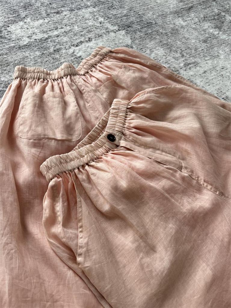 2024 Summer Arrival: Women's Shrimp Pink Tulle Linen Wide-Leg Long Pants