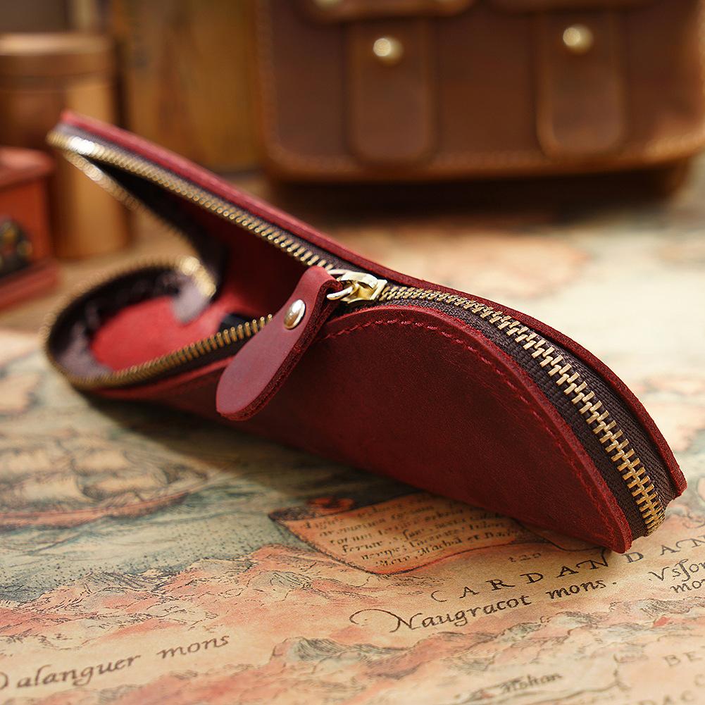 Stylish Top Grade Genuine Leather Pen Box Personalized Zipper Pencil Purse with Free Customization Craft Ideas