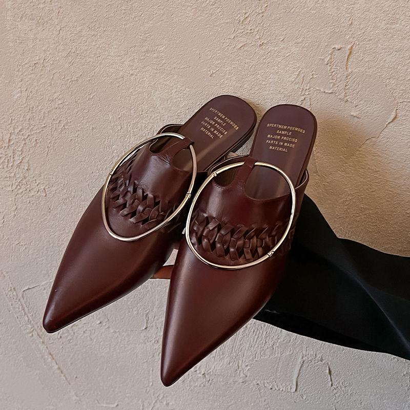 Fashion 2025 Sexy Genuine Leather Mueller Slippers Women Pointed Toe Braided Ankle Ring Slippers Ladies Low Heel Summer Casual Slides