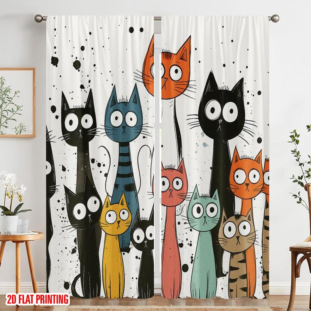 2pcs,2D Plane Printing Pattern Curtains Colorful Cat Parade Polyester Fabric (without Rod) Versatile All Ldeal for Bedroom,