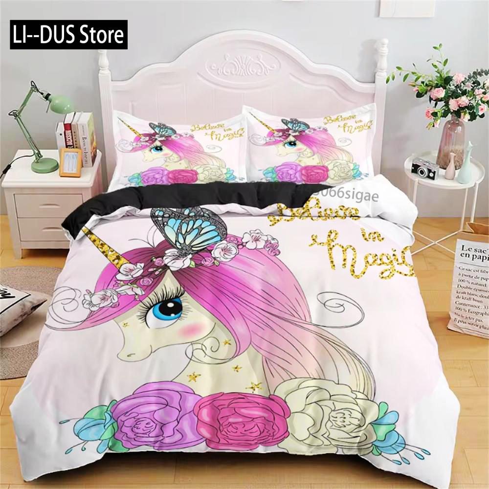 Children Bedding Sets Gifts Unicorn And Colorful Horse Printing Duvet Cover Sets For Kids Girls Boys 2/3 Pcs Single Pink Quilts