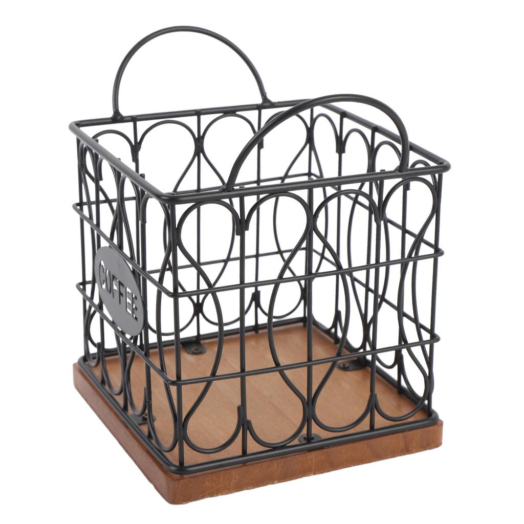 Coffee Pod Holder Organizer Large Capacity Metal Storage Basket with Wooden Base for Kitchen Countertop Office Coffee Bar