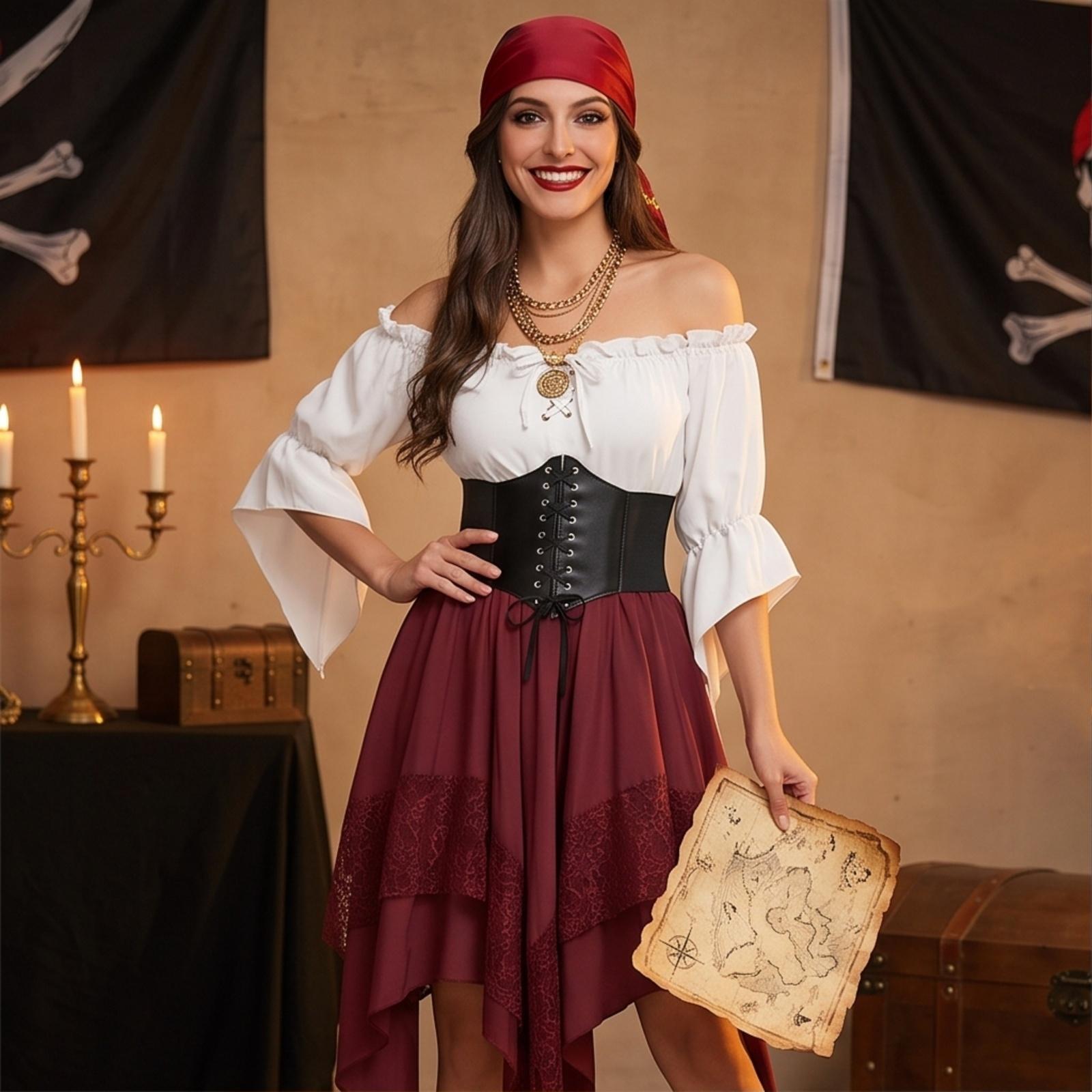 Rochie de mătase în stil renascentist pentru doamnă, de Halloween (top + curea + fustă midi) XXL vin