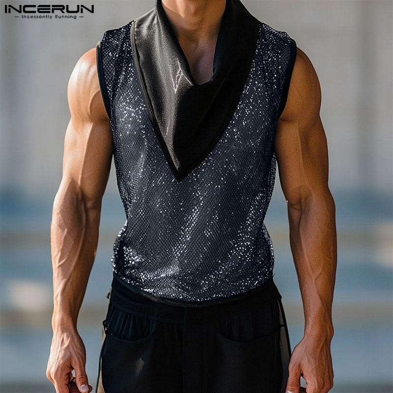 INCERUN Men Swing Collar Sleeveless Glitter Patchwork Casual Party Tank Tops
