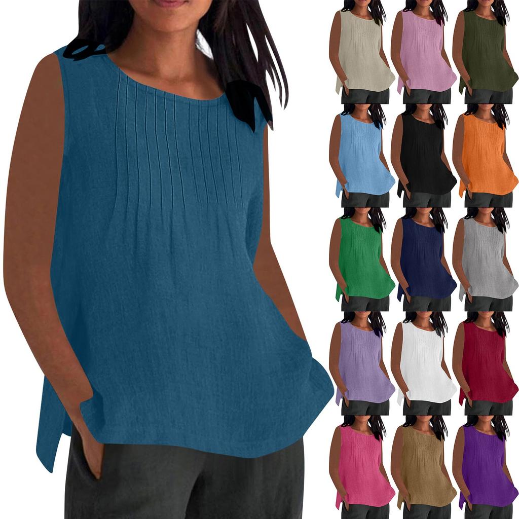 Women's Fashionable And Casual Sleeveless Vest Solid-color Cotton And Linen Pleated Sleeveless Top T-shirt