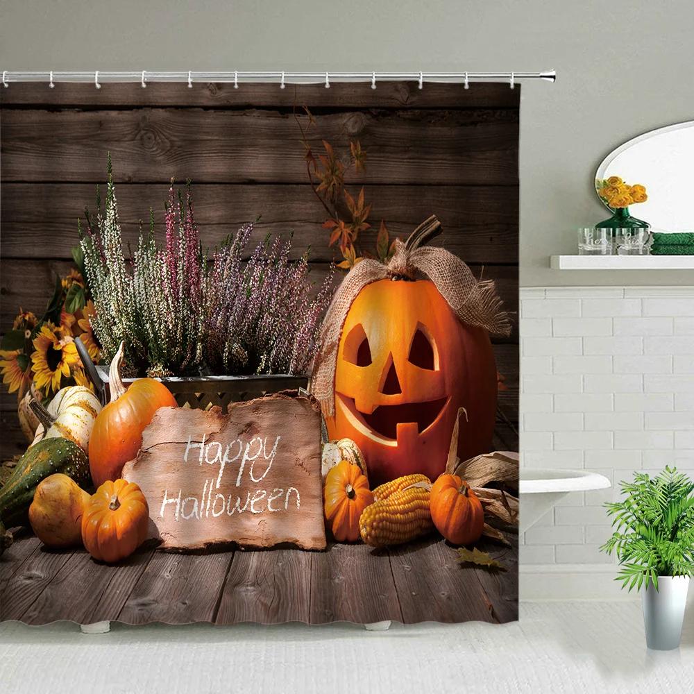 Happy Halloween Pumpkin Wizard Shower Curtains Cute Cartoon Terror Bathroom Curtain Background Wall Home Decor Screen With Hooks