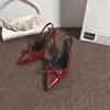 High heels women's summer 2025 new sexy pointed head burgundy bow bag head thin heel French sandals women
