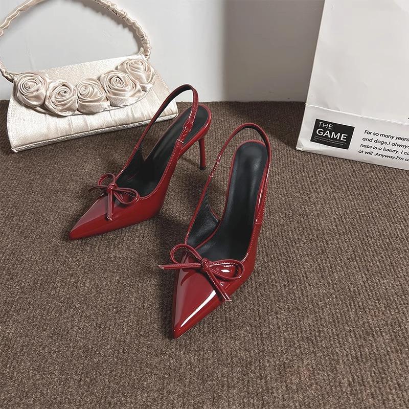 High heels women's summer 2025 new sexy pointed head burgundy bow bag head thin heel French sandals women