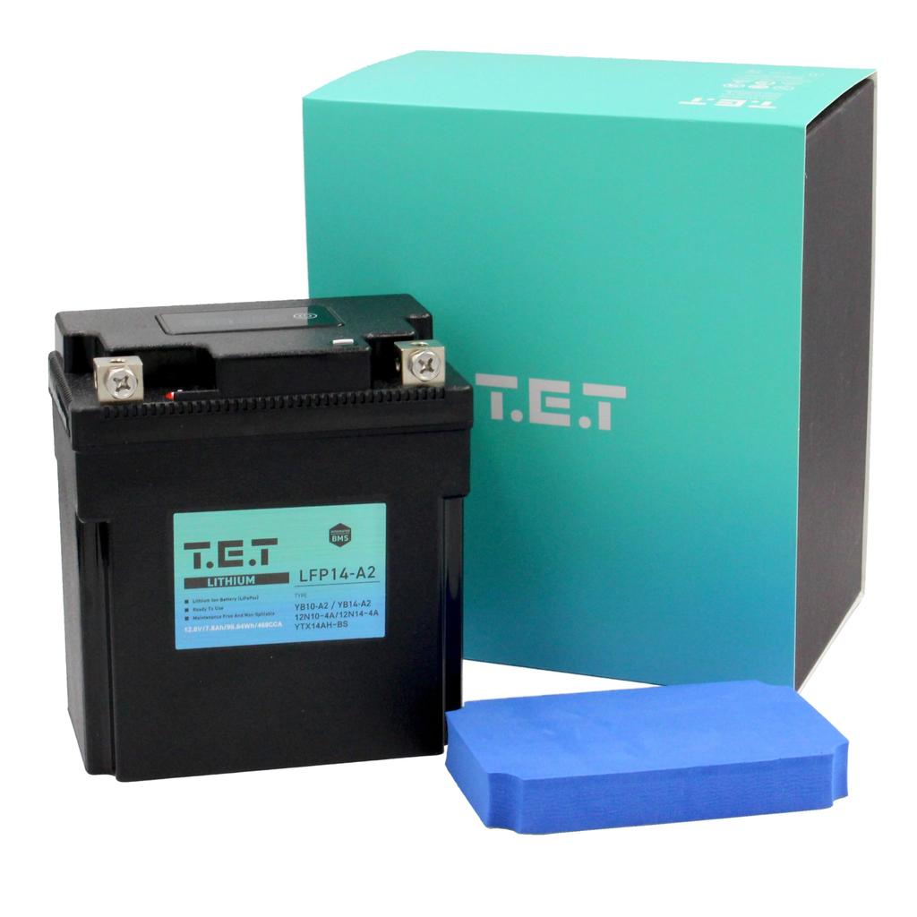 Motorcycle Battery for with BMS and Warranty T.E.T LFP14-A2 Ultra-Lightweight Lithium-Ion YB10-A2/YB14-A2, 7.8Ah, 468CCA, 99.84Wh, Voltmeter, LiFePO4,