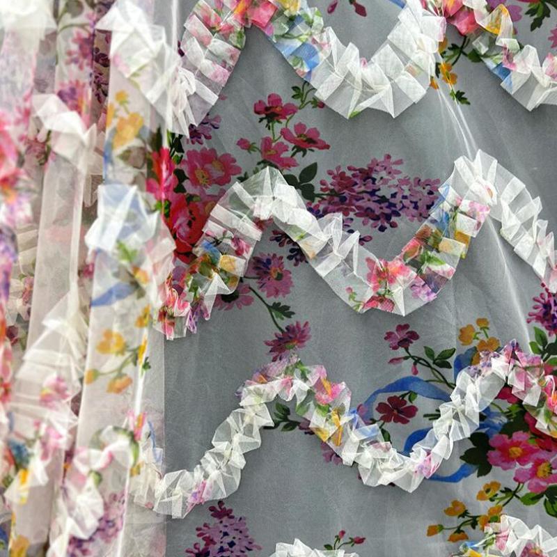 Dantelă Florală Plisată 3D Artă Plasă Decor Nuntă Fundal Material Floral Imprimat Material Designer Haine Rochie DIY