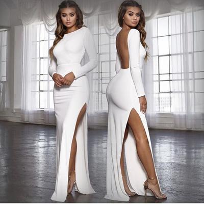 Women's Dress Sexy Backless Split Long Sleeve Floor Length Dress Stretch Evening Dress Party Dress