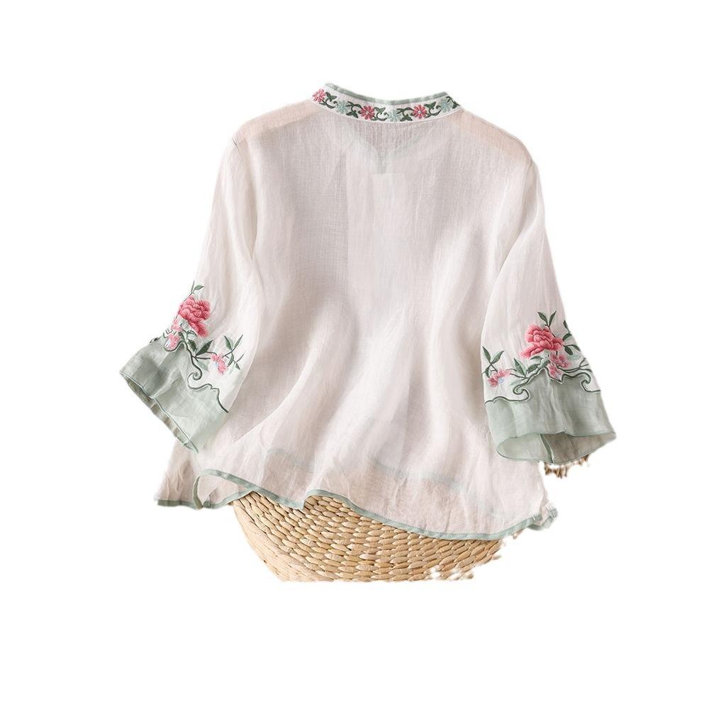 Retro Color Blocked Embroidered Shirt for Women In Summer Retro Ethnic Loose Seven Quarter Sleeved  Button Up Shirt